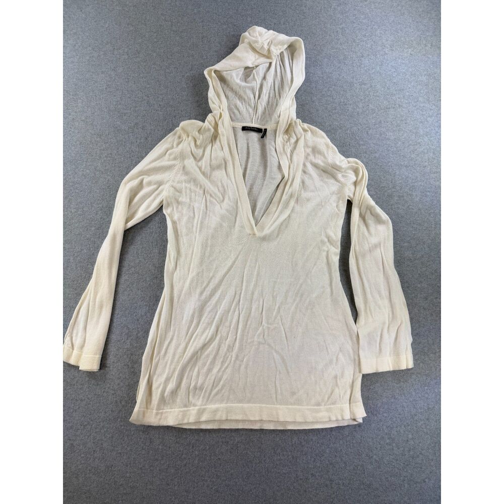 Daisy Fuentes Moda Womenโs M Ivory Deep V Neck Hooded Knit Tunic Top 3174
